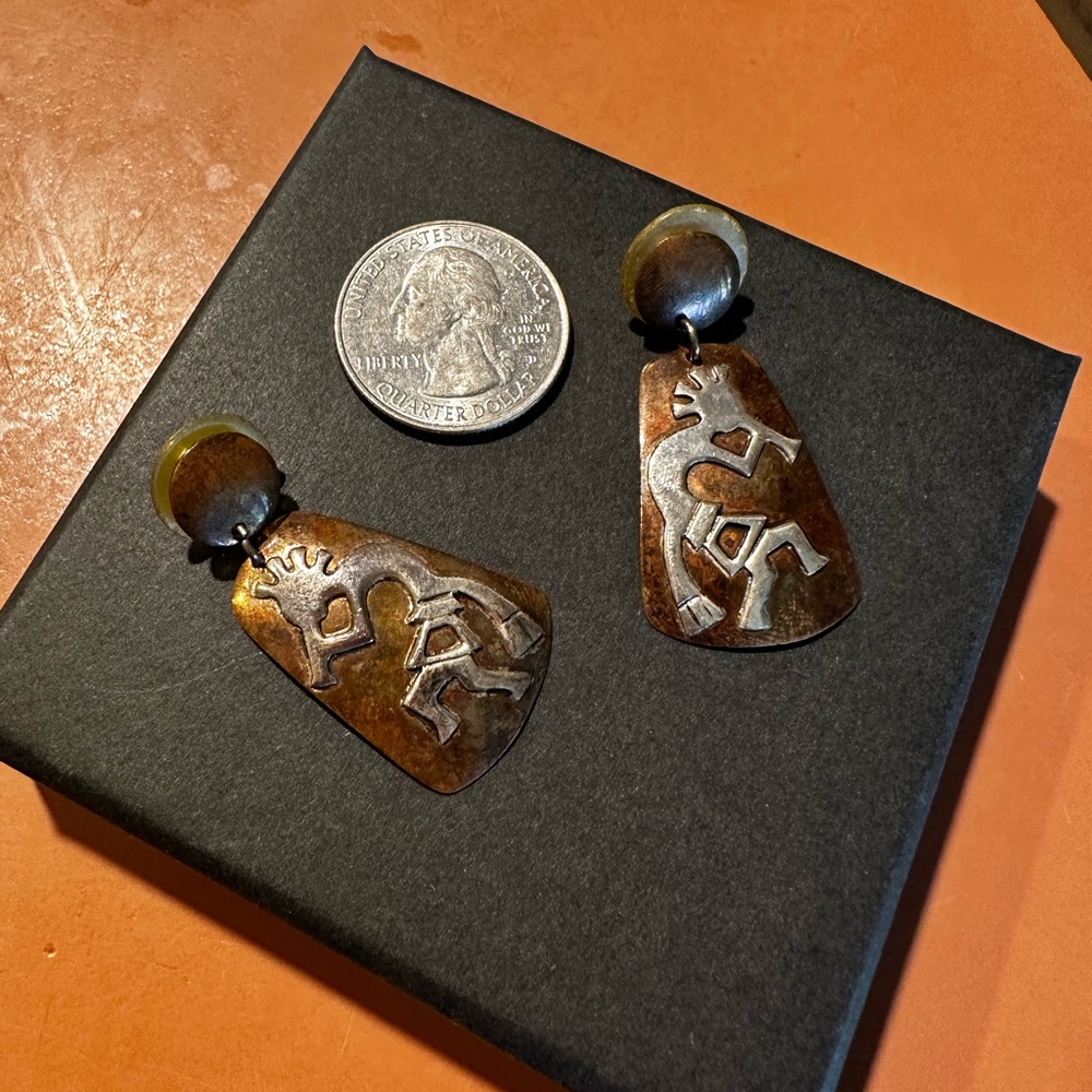 Stamped Mexico .925 Copper and Sterling silver Kokopelli Stud Dangle Earrings.